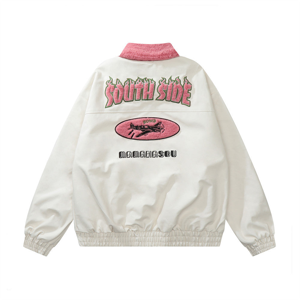 Flame Letter Flocking Embroidery Motorcycle PU Leather Jacket Men's Color Contrast Patchwork Fur Lapel Leather Coat