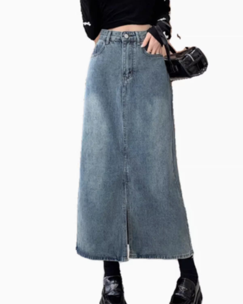 Hong Kong Style Retro Thin Denim Skirt, Mid Length For Women