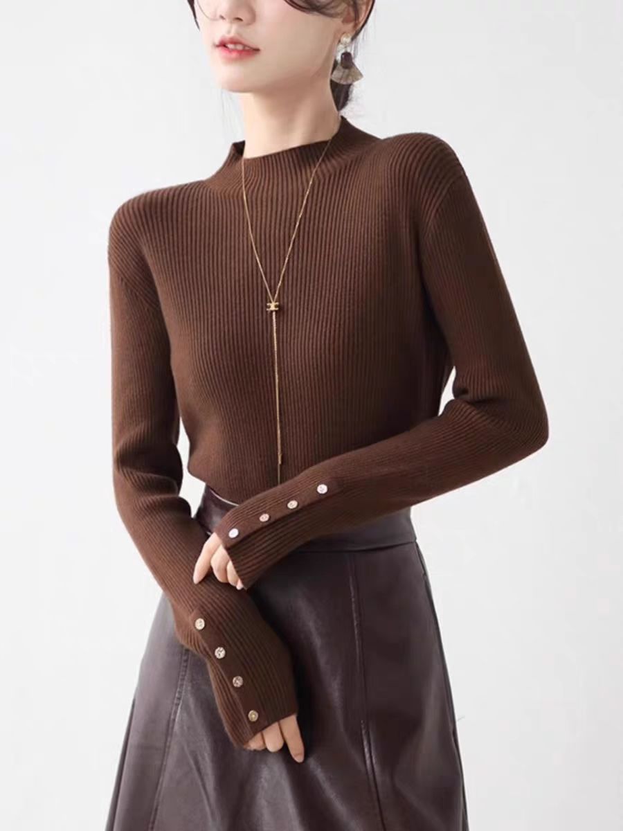 Grey Temperament Semi-high Neck Knitted Women's Autumn Base Shirt