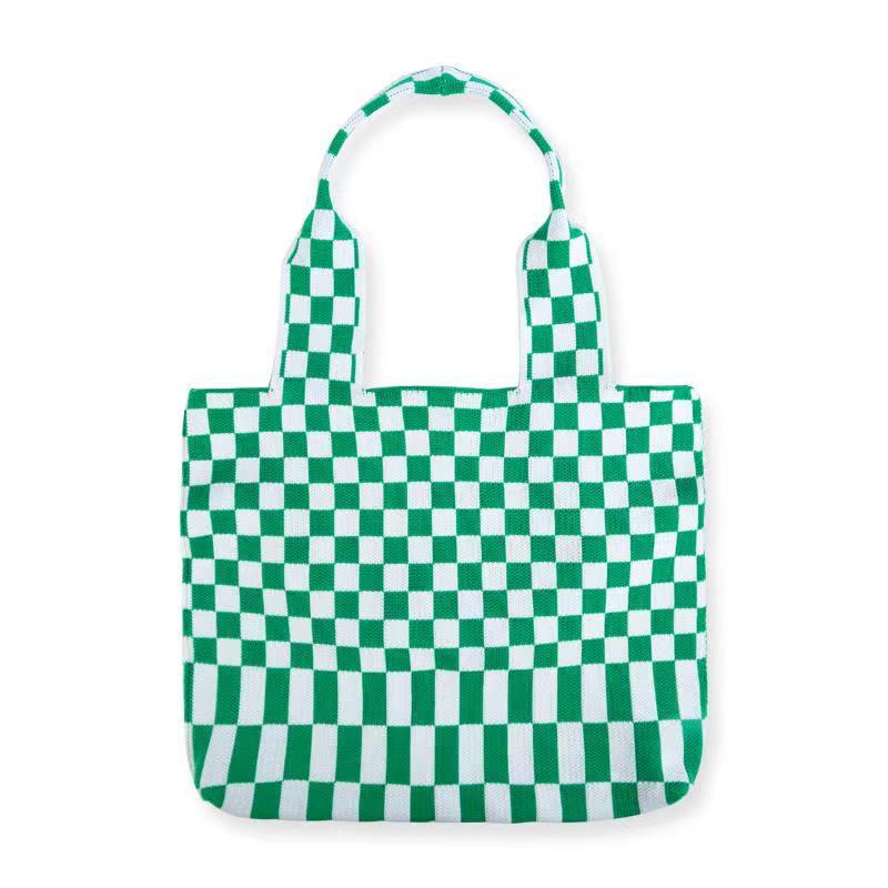 Women's Simple Checkerboard Shoulder Knitted Bag Large Capacity