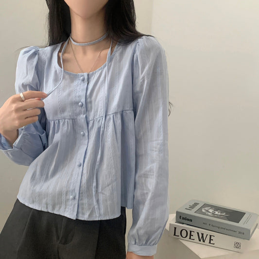 Ribbon Design Single-breasted Long Sleeve Shirt Women's All-match Top