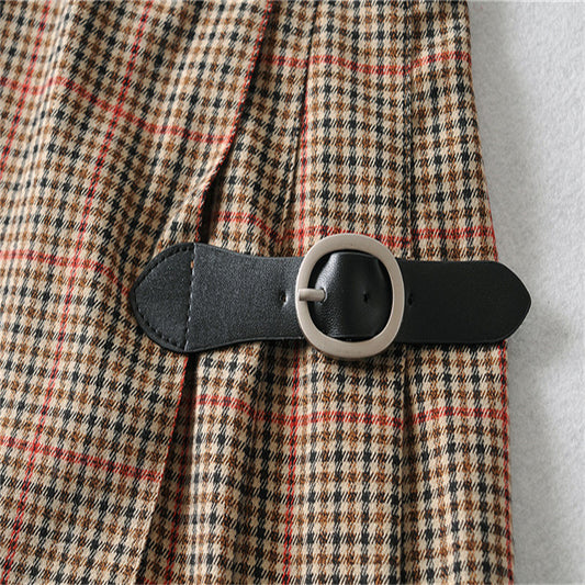 Retro Plaid Pleated Skirt Belt Buckle Learning Skirt