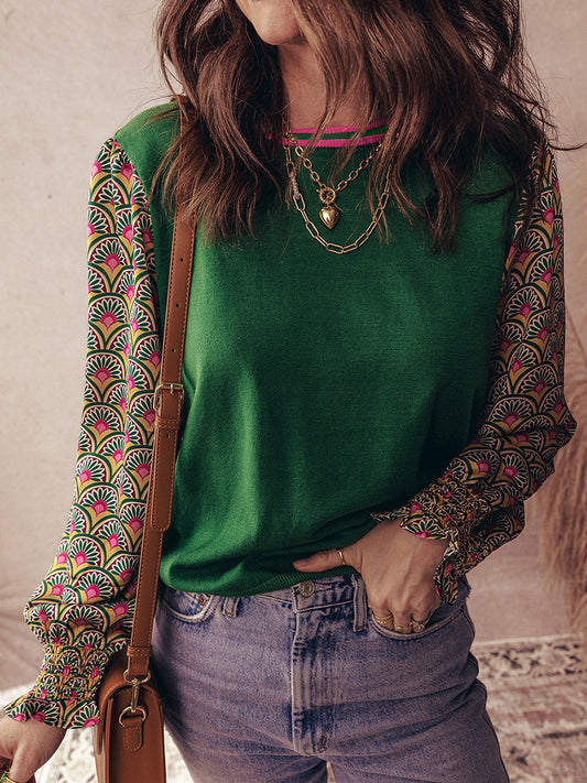 Floral Patchwork Pleated Cuff Puff Sleeve Sweater