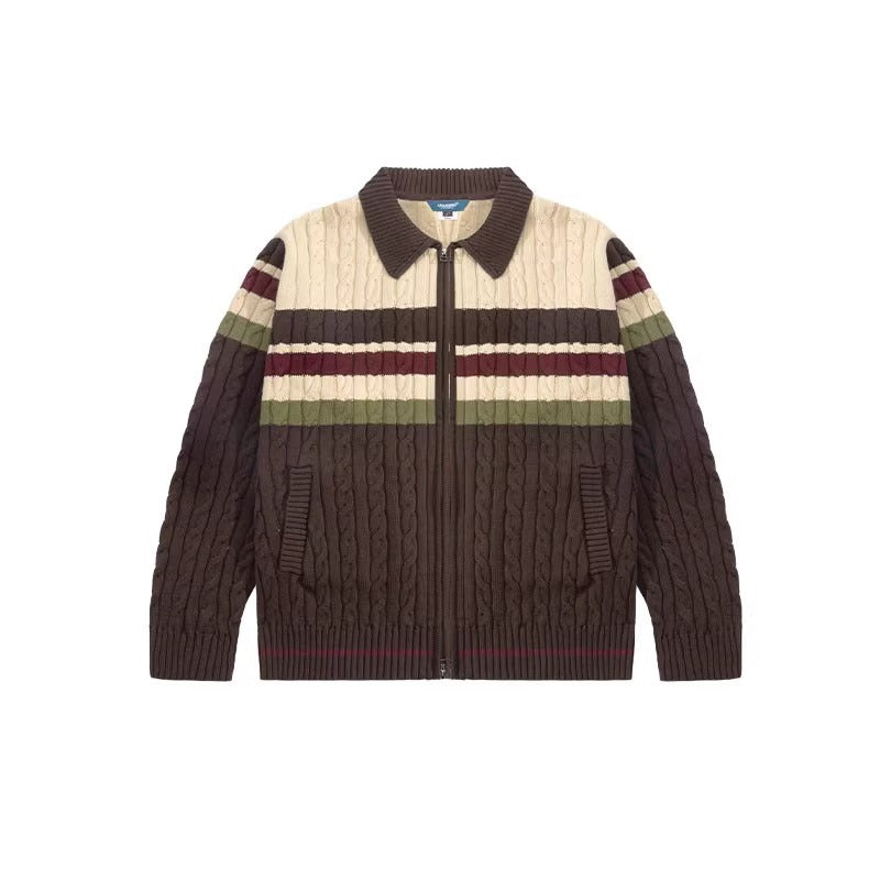 Twisted Woolen Yarn Striped Double-headed Zipper Cardigan Sweater
