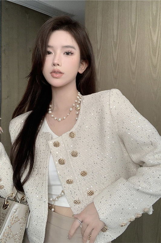 Sequin Crew Neck Wool Cropped Jacket