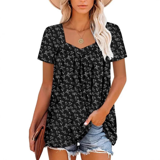 Women's Clothing Square Collar Short Sleeve Printed Loose T-shirt