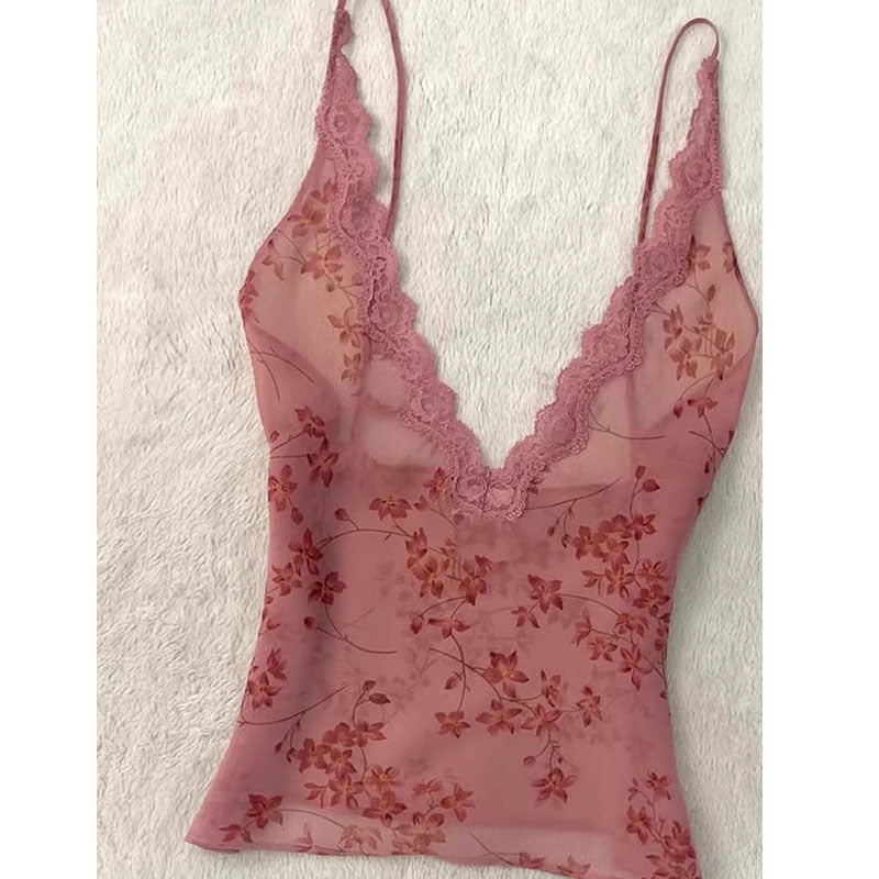 Red Lace Strap Floral Top Women's Vest