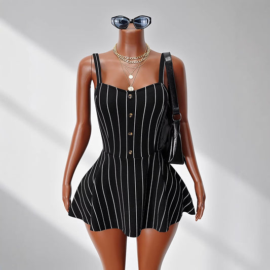 Strapped Striped Patchwork Dress With A Cinched Waist And A-line Silhouette