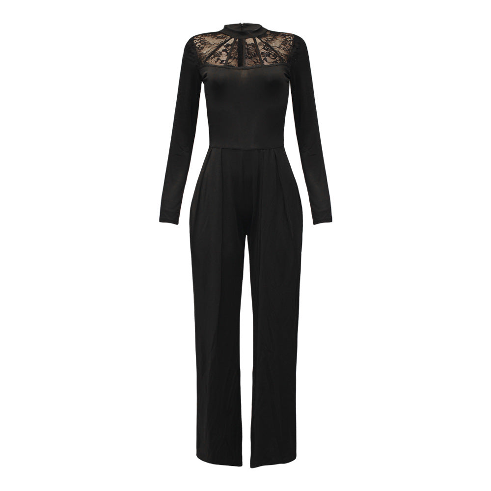 Fashion Solid Color Long Sleeve Stitching Wide Leg Jumpsuit Women