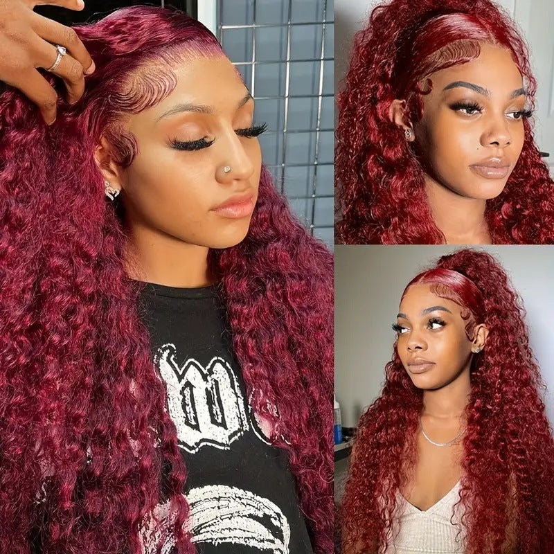 Mode Vinrød Paryk Front Lace Lille Rulle Viklet Rør Afro Syntetiske Parykker