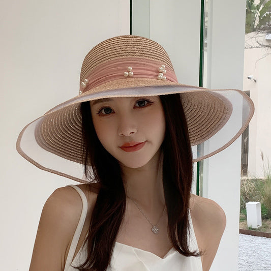 Women's Summer New Mesh Pearl Sunscreen Casual Straw Hat