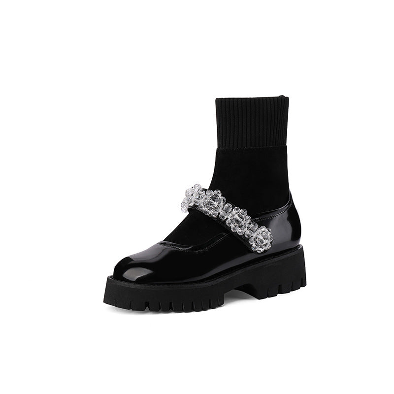 Round Toe Loafers And Socks Boots Thick Mid-heel Snowflake Buckle Platform Short
