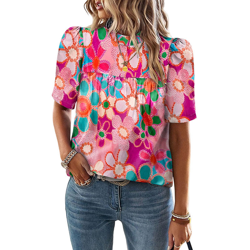 European And American Leisure Floral Print Puff Sleeve Top