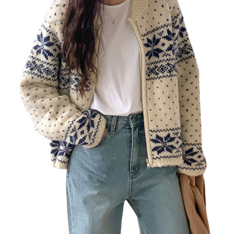 Retro Niche Round Neck Color Contrast Snowflake Jacquard Jacket