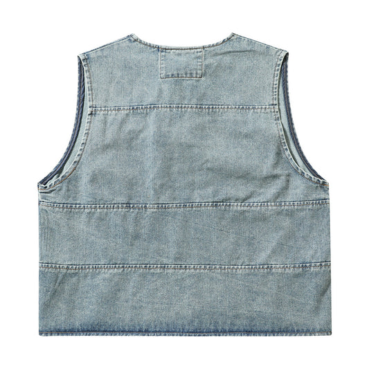 Denim Vest Men's Loose Casual High Street Patchwork Round Neck Coat