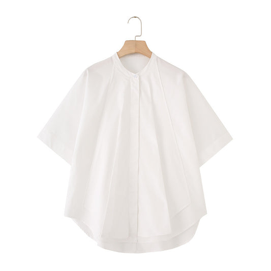 Loose Design Cotton Short-sleeved Shirt With Curved Hem