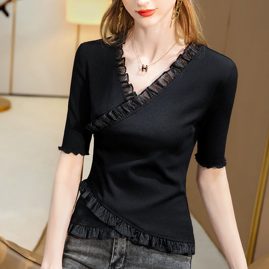 New Womens T-shirt With Ruffled Hem V-neck And Fitted Waist Featuring Three-quarter-length Sleeves