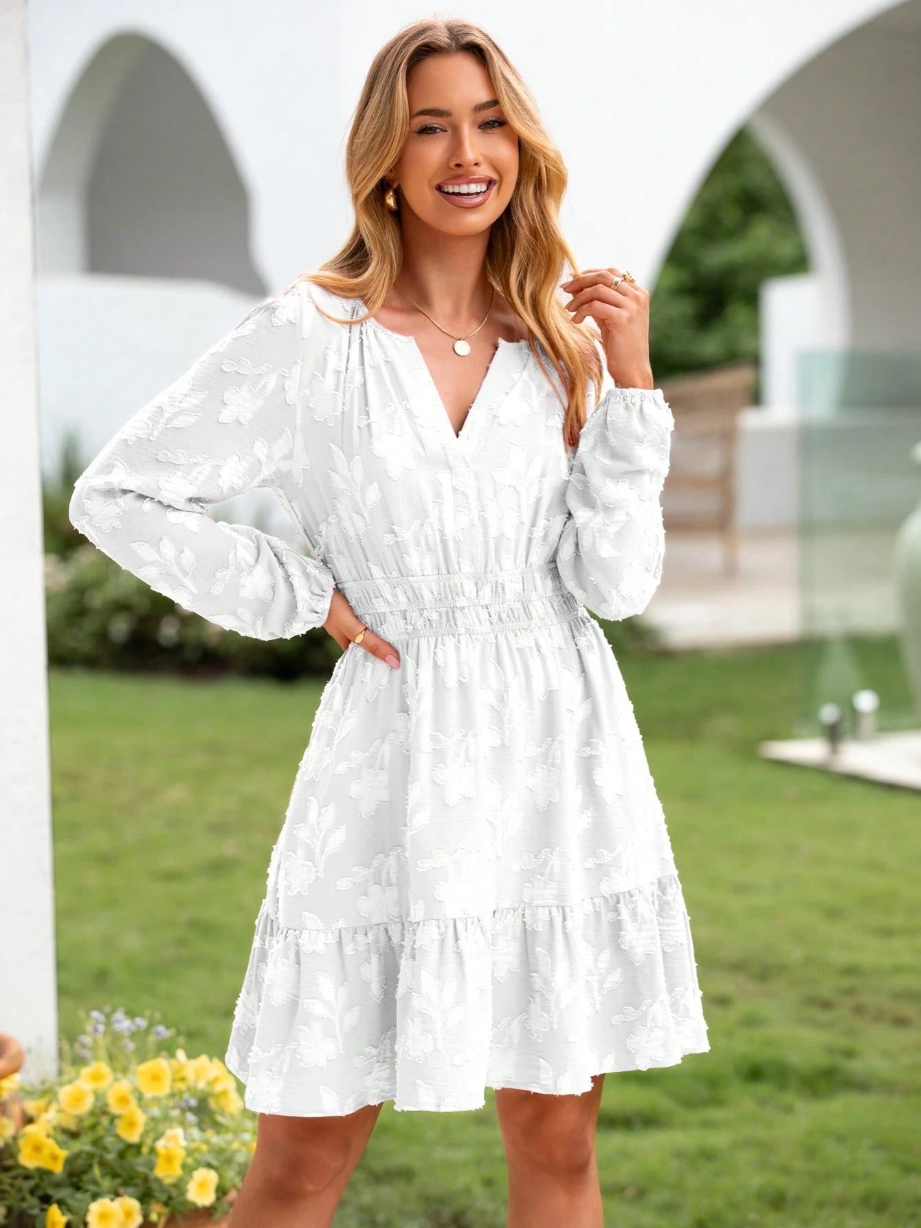 V Neck Elastic Waist Flared Womens Dress With Long Sleeves And Ruffled Hem