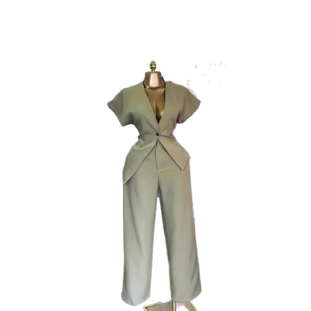 Short-Sleeve Single-Breasted Blazer With Straight-Leg Pants Set