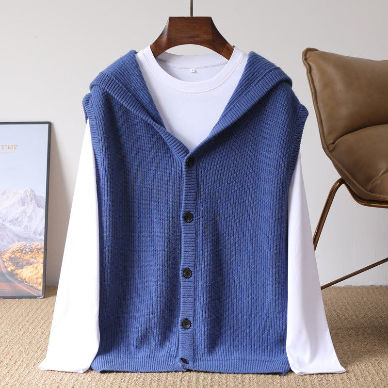 Hooded Cardigan Men's Waistcoat Pure Wool Sleeveless Knitted