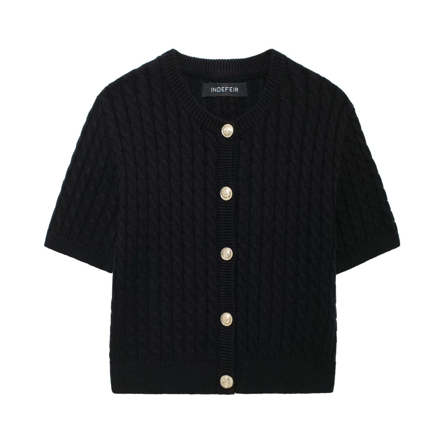 European And American Round Neck Short Sleeve Cardigan Sweater For Women