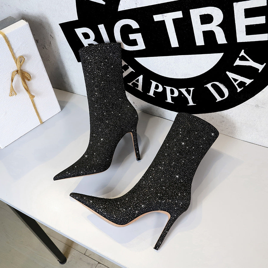 Shining Fabric Thin Skinnys Women's Stiletto High Heel Stretch Ankle Boots