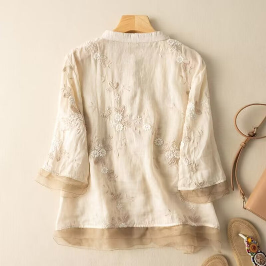 Artistic Retro Heavy Industry Embroidered Cotton And Linen Top