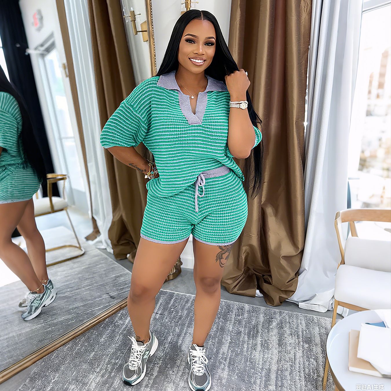 Mid-sleeve V-neck Striped Knit Top And High-waisted Shorts Set