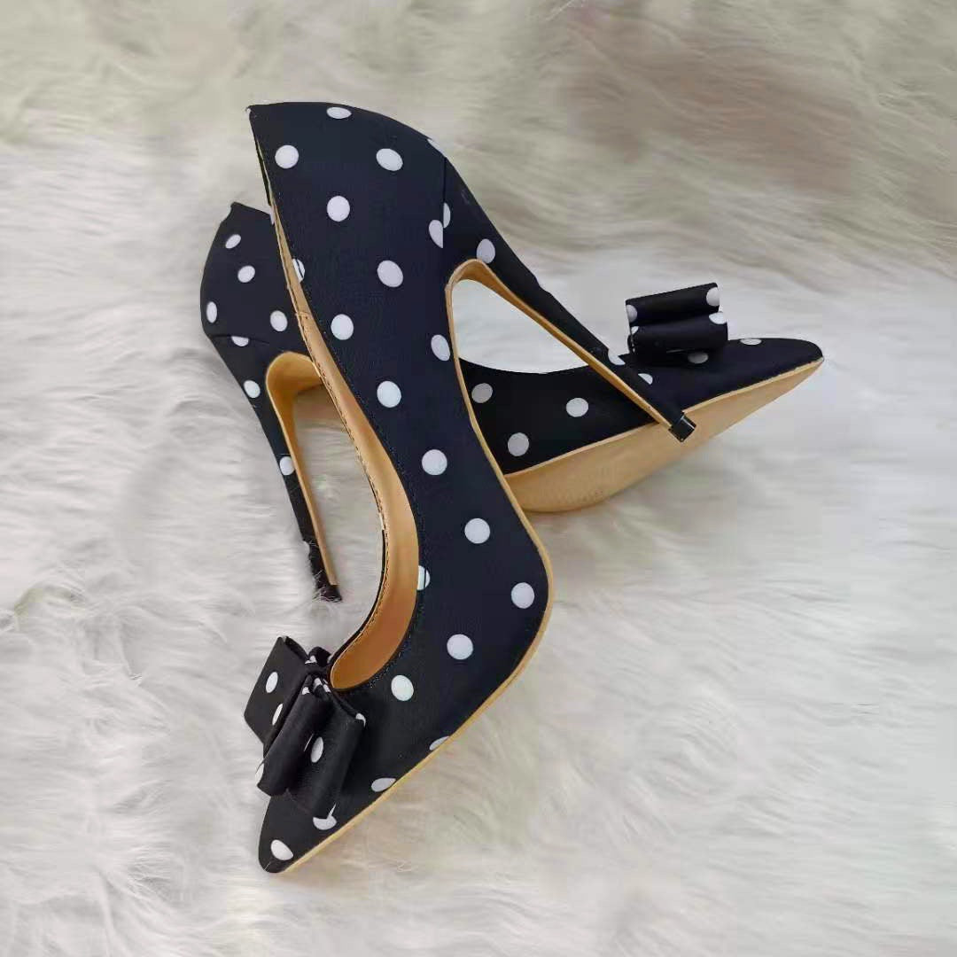 Black Satin Polka-dot High-heeled Shoes Female Stiletto Pointed Shallow Mouth Single Shoes