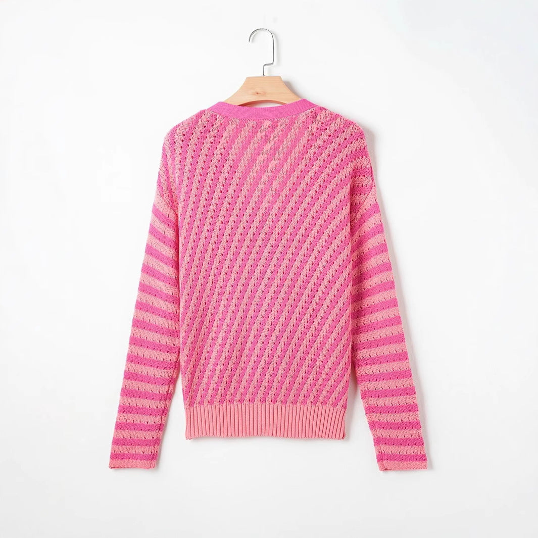 Patchwork Stripes V-neck Loose All-match Women's Cardigan Sweater