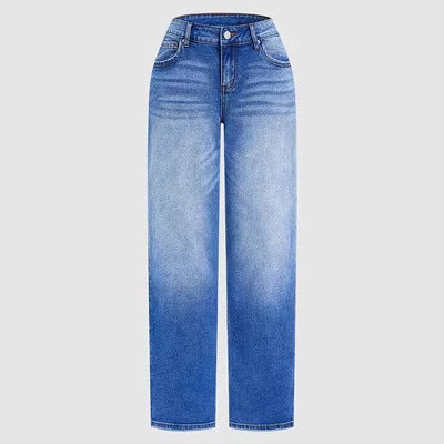 Vaskede blå denim-jeans med brede ben til kvinder, højtaljede i amerikansk stil