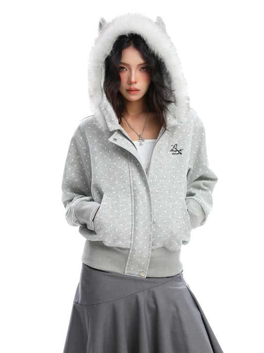 Camouflage Detachable Plush Collar Hooded Sweater Women's Cardigan Short Coat