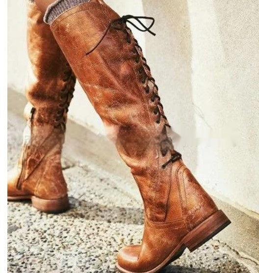Solid-color Flat-heeled Zip-up Womens Over-the-knee Boots