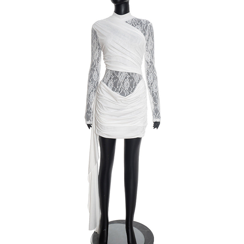 Womens Solid-Colored Patchwork Lace Dress