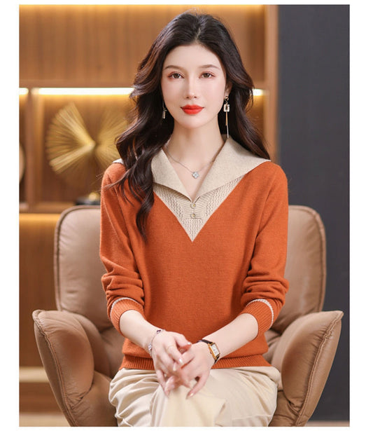 Womens Versatile Navy-Neck Pullover Knit Top
