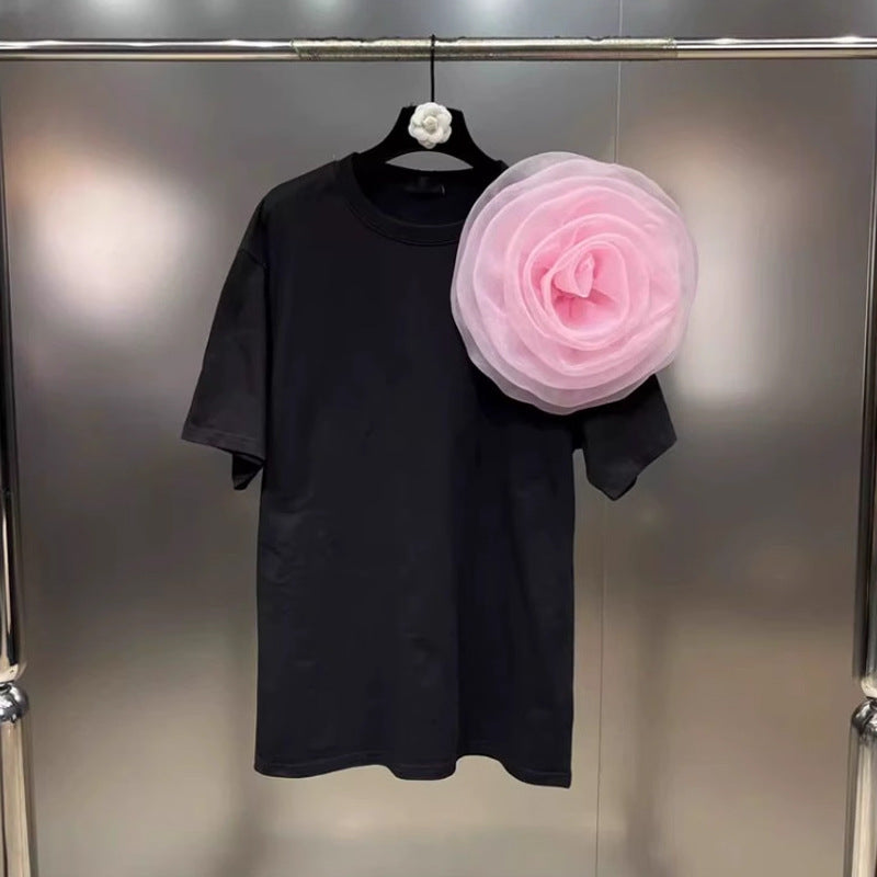 Round Neck Short Sleeve Three-dimensional Large Flower Decorative Pin Loose Designer Model T-shirt