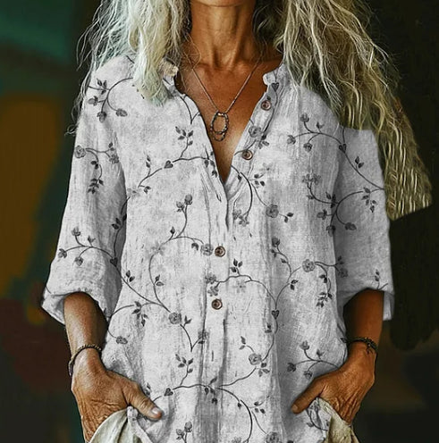 Women's Vintage Floral Art Print Cotton-Linen Casual Shirt