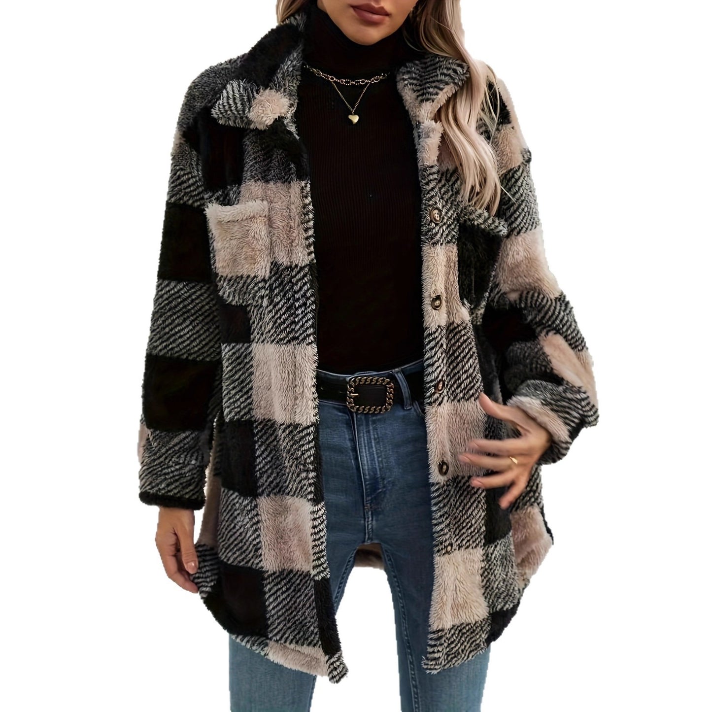 Womens Autumn Winter Long-Sleeve Plaid Fleece Coat With Dual Pockets In Plus Sizes