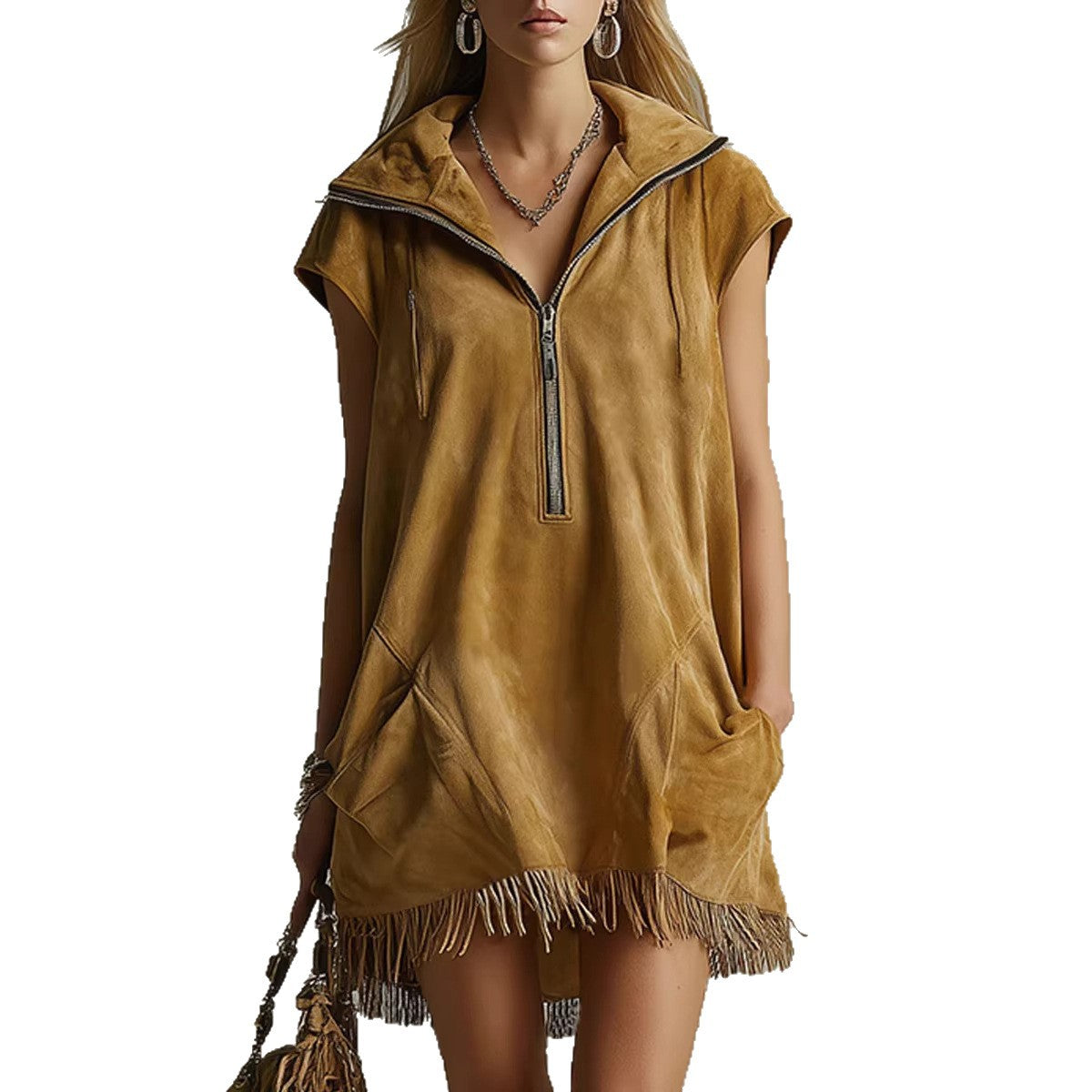 Casual Western-style Zippered Collar Tasseled Suede Dress