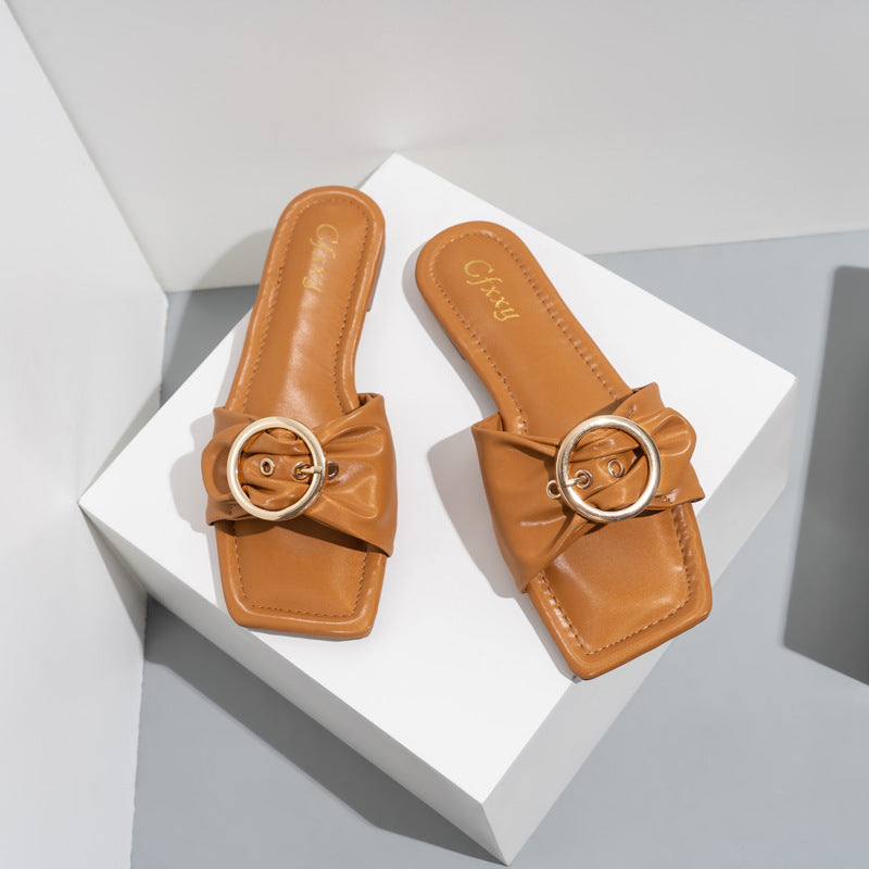 Korean Style Fashion Belt Buckle Flat Heel Women's Shoes Solid Color Square Toe Sandals