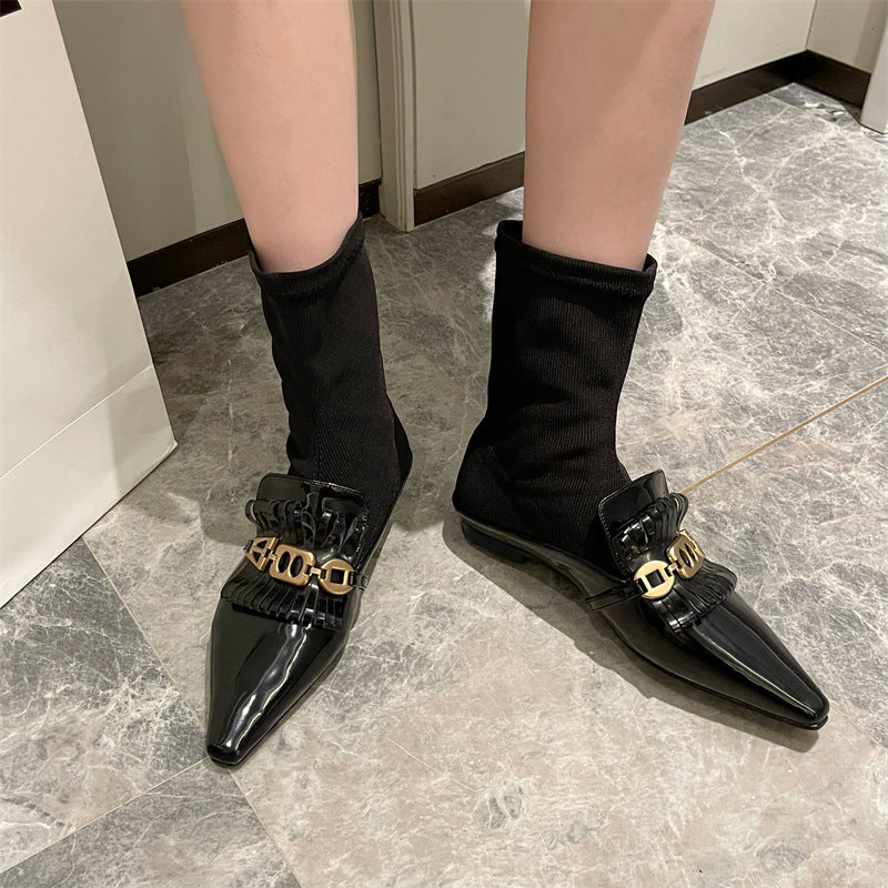 Martin Boots Flat Patent Leather Wool Socks And Ankle Boots