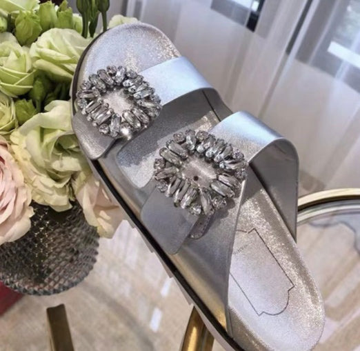 RV Rhinestone Square Buckle Leather Slippers Outer Wear Women's Toe Double Ring Strap Flat Sandals