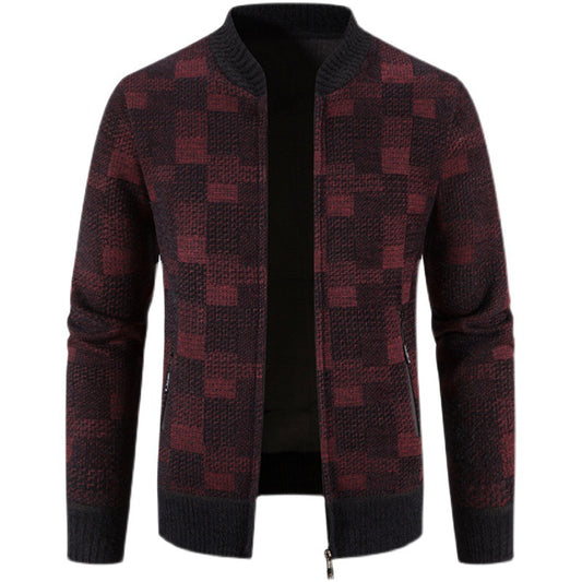 Men's Fleece-lined Thickened Baseball Collar Plaid Knitted Cardigan