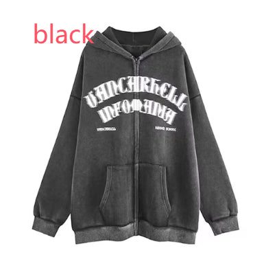 American Style Oversize Vintage Distressed Printed Letter Zipper Hooded Sweater