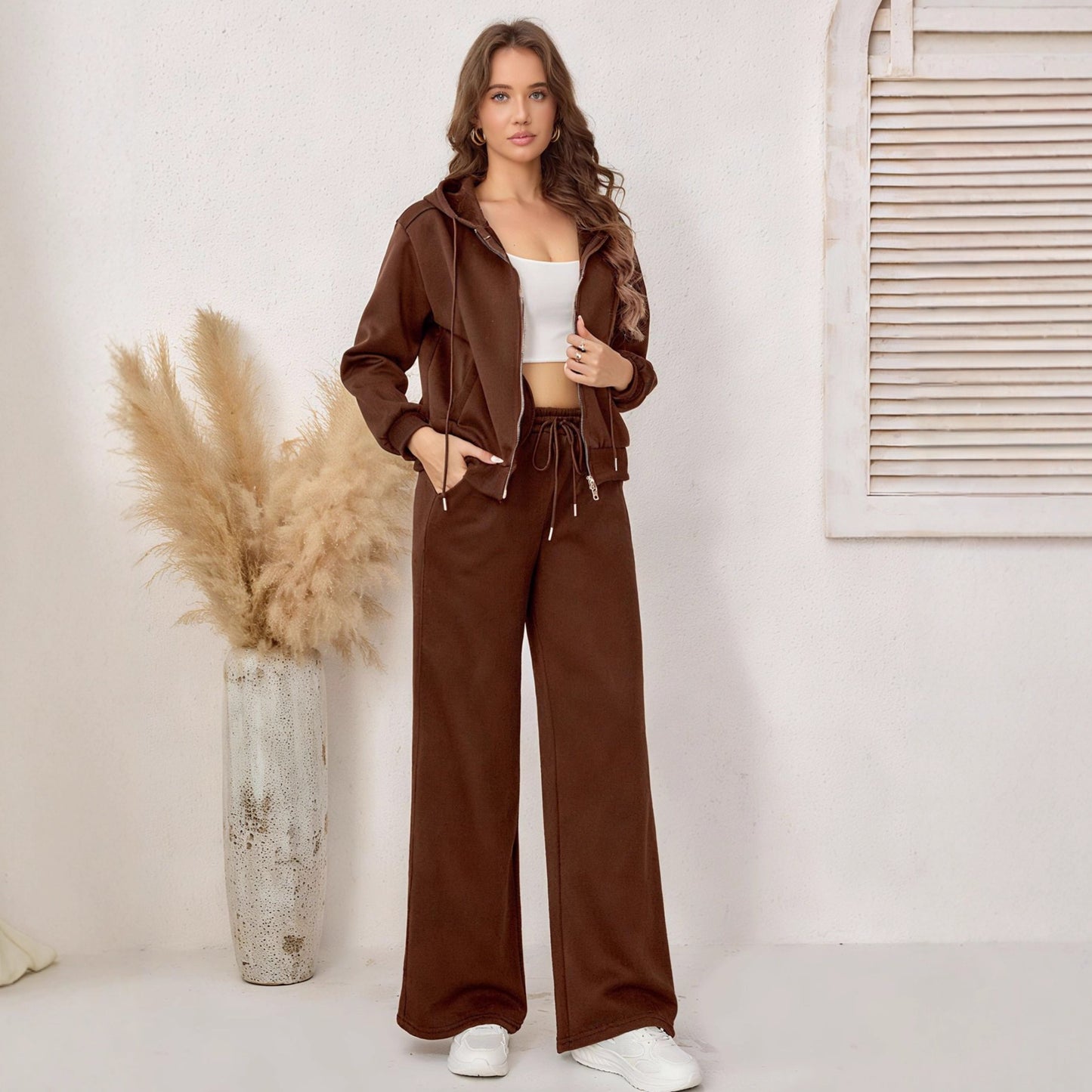 Slim-fit Fleece-lined Hooded Double Zipper Sweater Coat And Trousers Two-piece Set