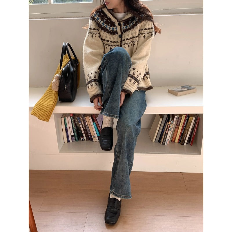 Vintage Jacquard Hooded Knitted Sweater Cardigan