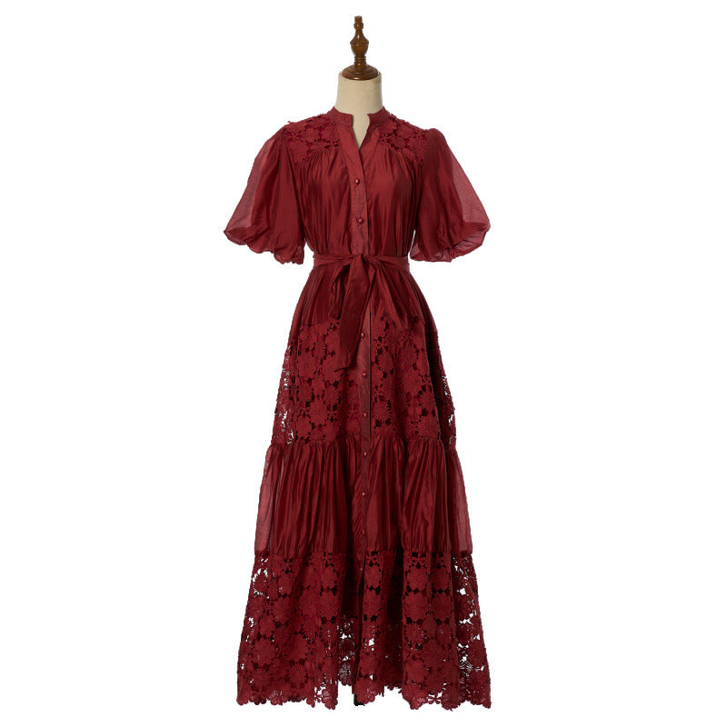 Female Strap Lace Splicing V-neck Bubble Sleeve Dress