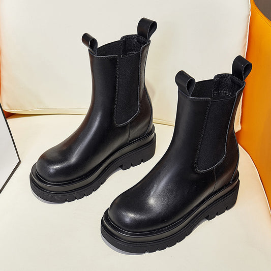 Leather Martin Boots Women's Thick-soled Inner Heightening Casual Korean