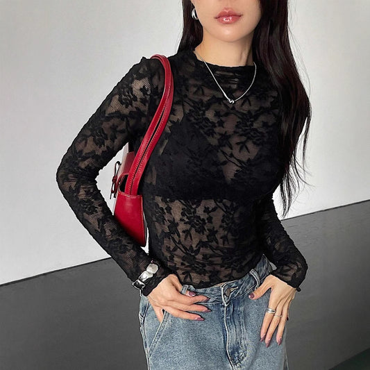 Womens Stand-Up Collar Sheer Lace Bodycon Long-Sleeve T-Shirt