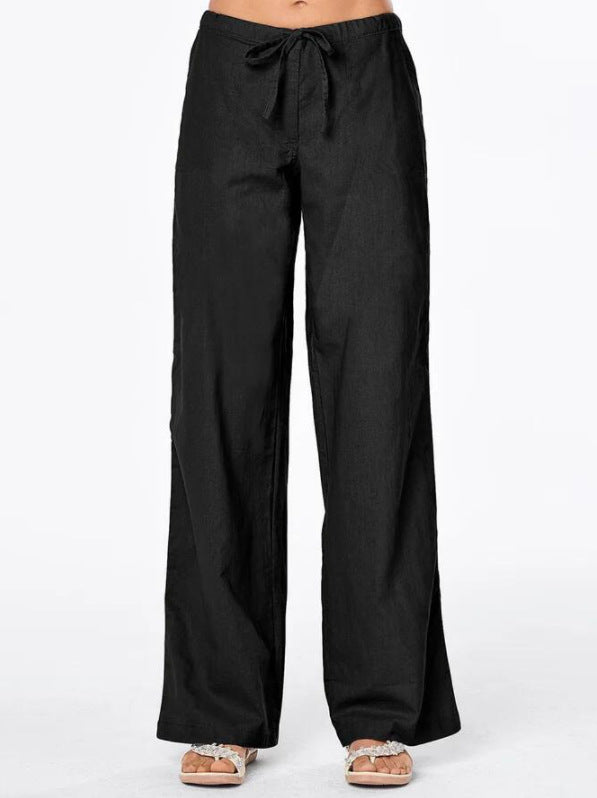 Solid-color Drawstring-pocket Loose Casual Wide-leg Linen Pants